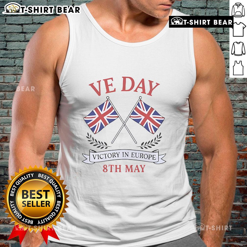 Top Patriot VE Day Union Jack Flag tank top celebrating Victory in Europe with vibrant design and patriotic colors.