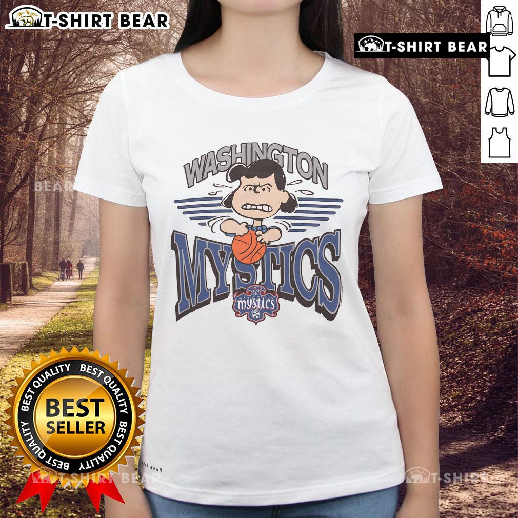 Alt Text: Top Peanuts Lucy X Washington Mystics ladies tee featuring vibrant graphic design for female basketball fans.