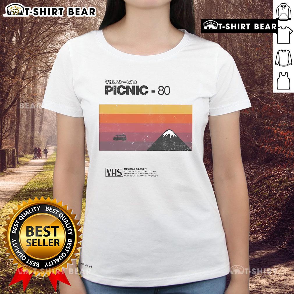 Top Picnic 80 VHS Holiday Season Ladies Tee featuring a vibrant retro design for festive outdoor gatherings.