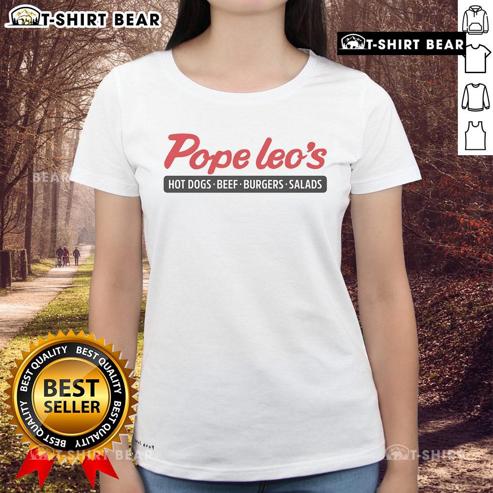 Top Pope Leo's hot dogs, beef burgers, and salads displayed on a ladies' tee, perfect for food lovers.