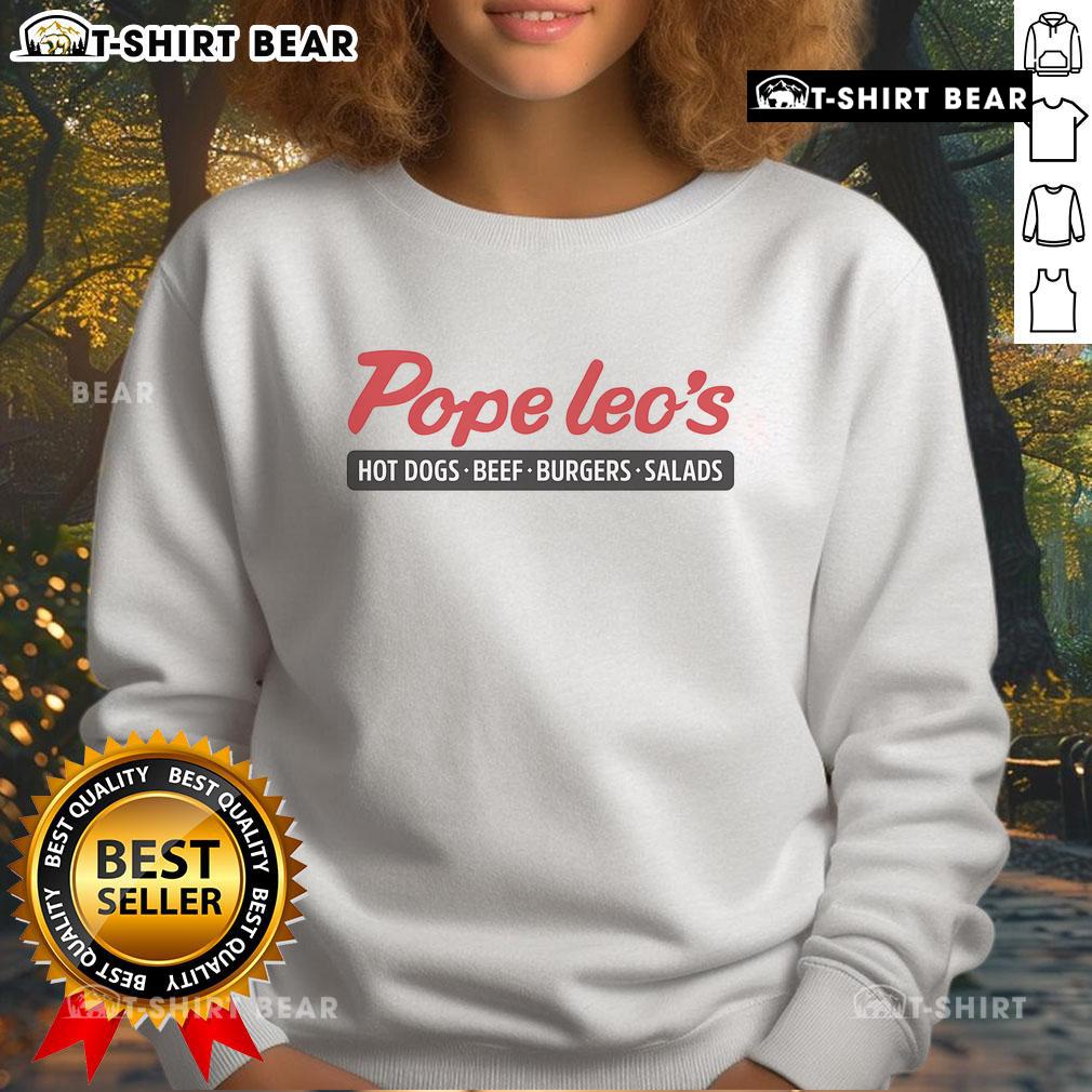 Cozy sweatshirt featuring Top Pope Leo's logo, showcasing hot dogs, beef burgers, and salads for food lovers.