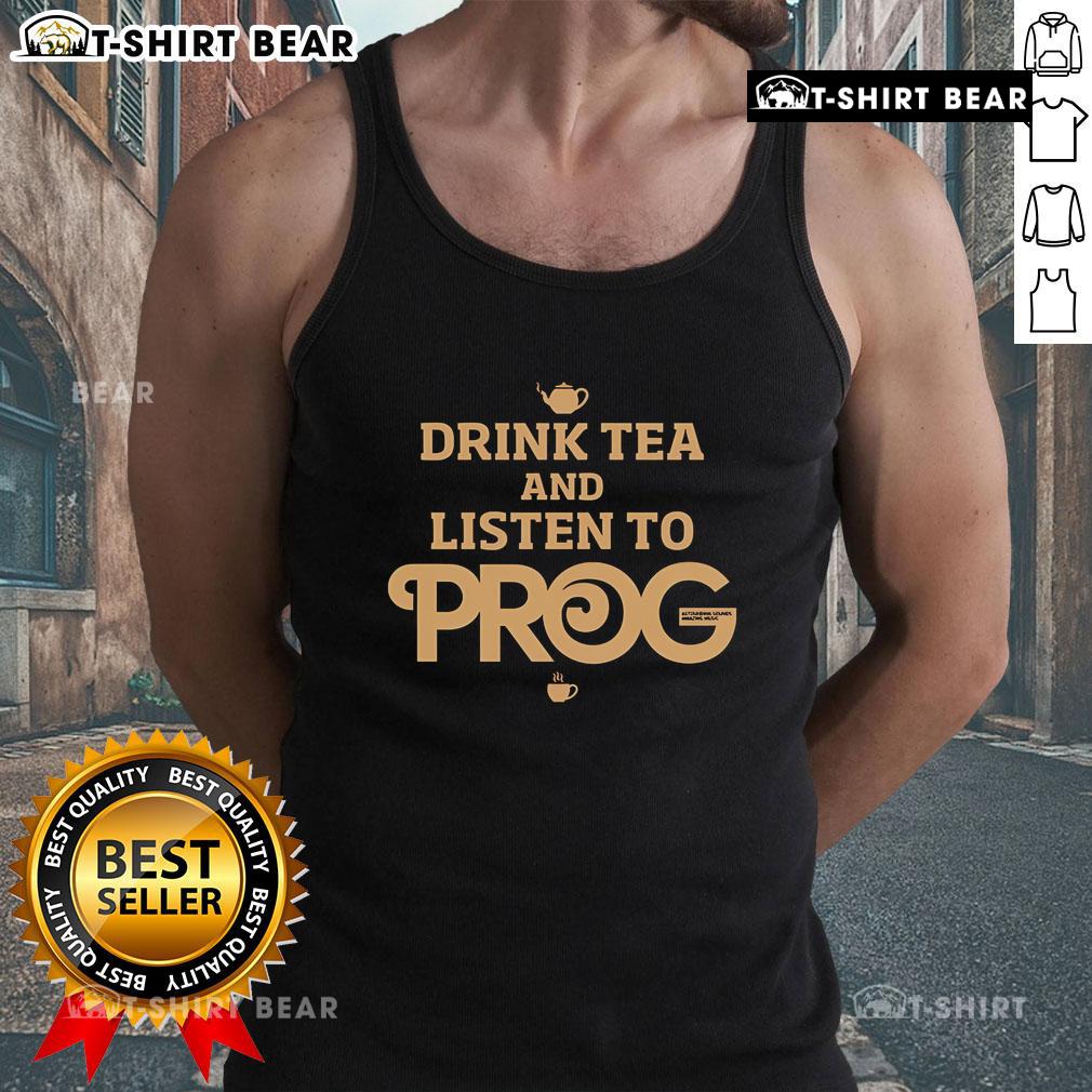 Top Prog Magazine tank top featuring tea and music elements, perfect for prog rock fans who love to relax.