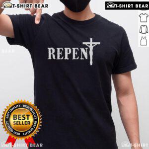 Alt Text: Top Repent Jesus Saves Religious T-Shirt featuring bold text and a cross design, perfect for faith-inspired fashion.