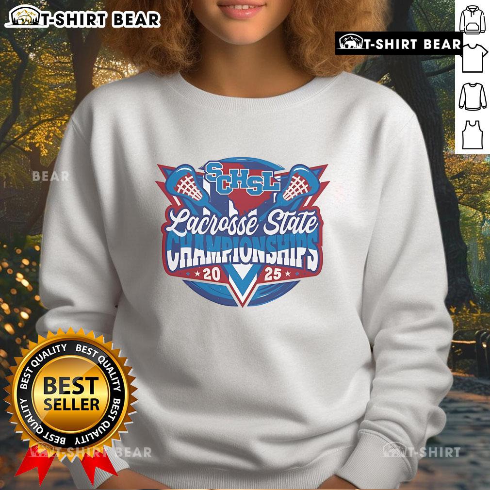 Alt Text: 2025 Top SCHSL Lacrosse State Championships sweatshirt featuring team logo and vibrant colors.