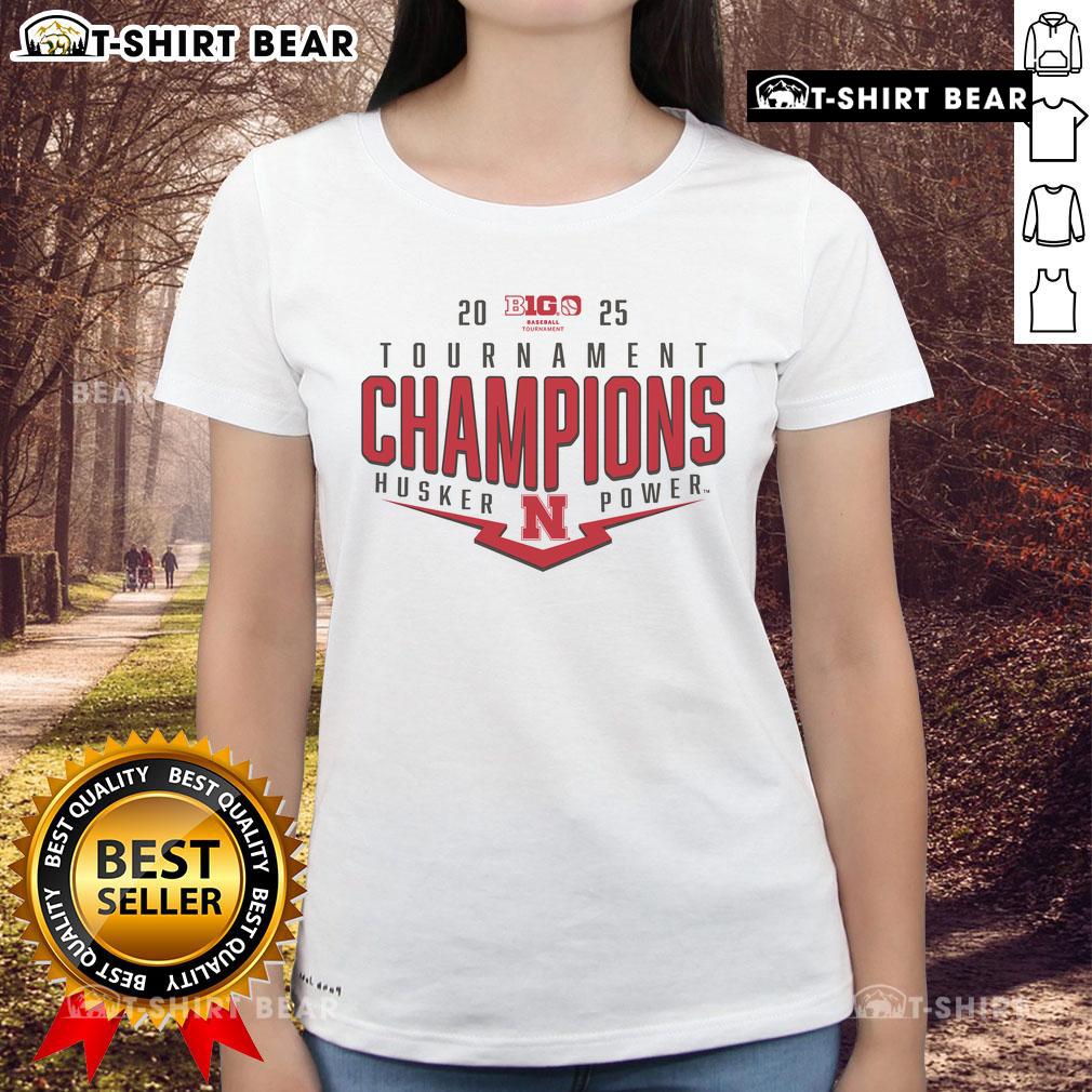 2025 Nebraska Huskers Big Ten Baseball Tournament Champions tee featuring a stylish pitch design for fans.