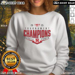 Alt Text: Scarlet Nebraska Huskers 2025 Big Ten Baseball Conference Tournament Champions sweatshirt showcasing team pride.