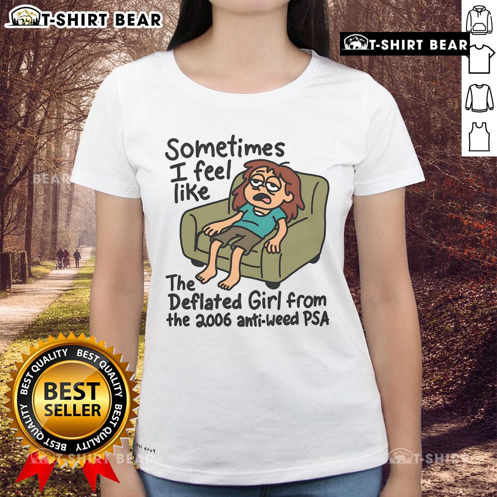 Deflated girl from 2006 anti-weed PSA on a ladies tee, showcasing a humorous take on cannabis awareness.