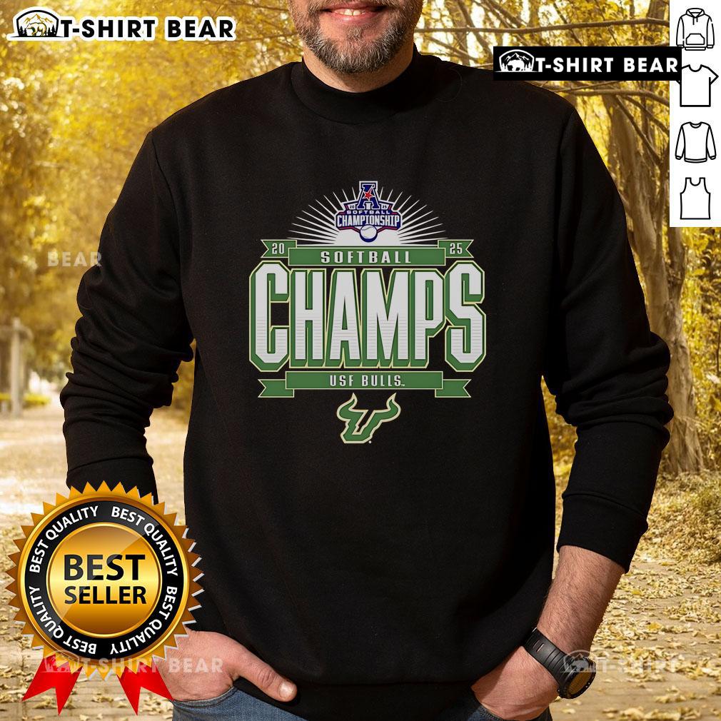 Top South Florida Bulls 2025 AAC Softball Conference Tournament Champions sweatshirt featuring team colors and logo.