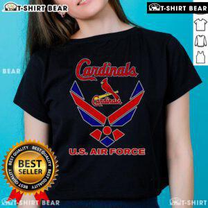 Stylish ladies tee featuring the US Air Force logo and St. Louis Cardinals design for fans and military supporters.