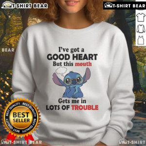 Alt Text: Cozy 'I've Got A Good Heart But This Mouth Gets Me In Lots Of Trouble' sweatshirt, perfect for casual wear and making a statement.