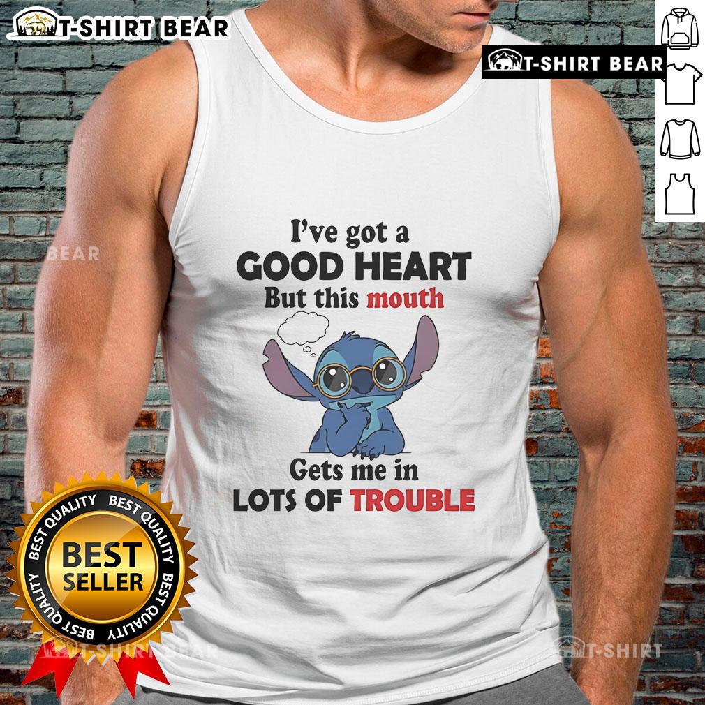 Alt Text: Top Stitch I've Got A Good Heart But This Mouth Gets Me In Lots Of Trouble tank top design in vibrant colors.