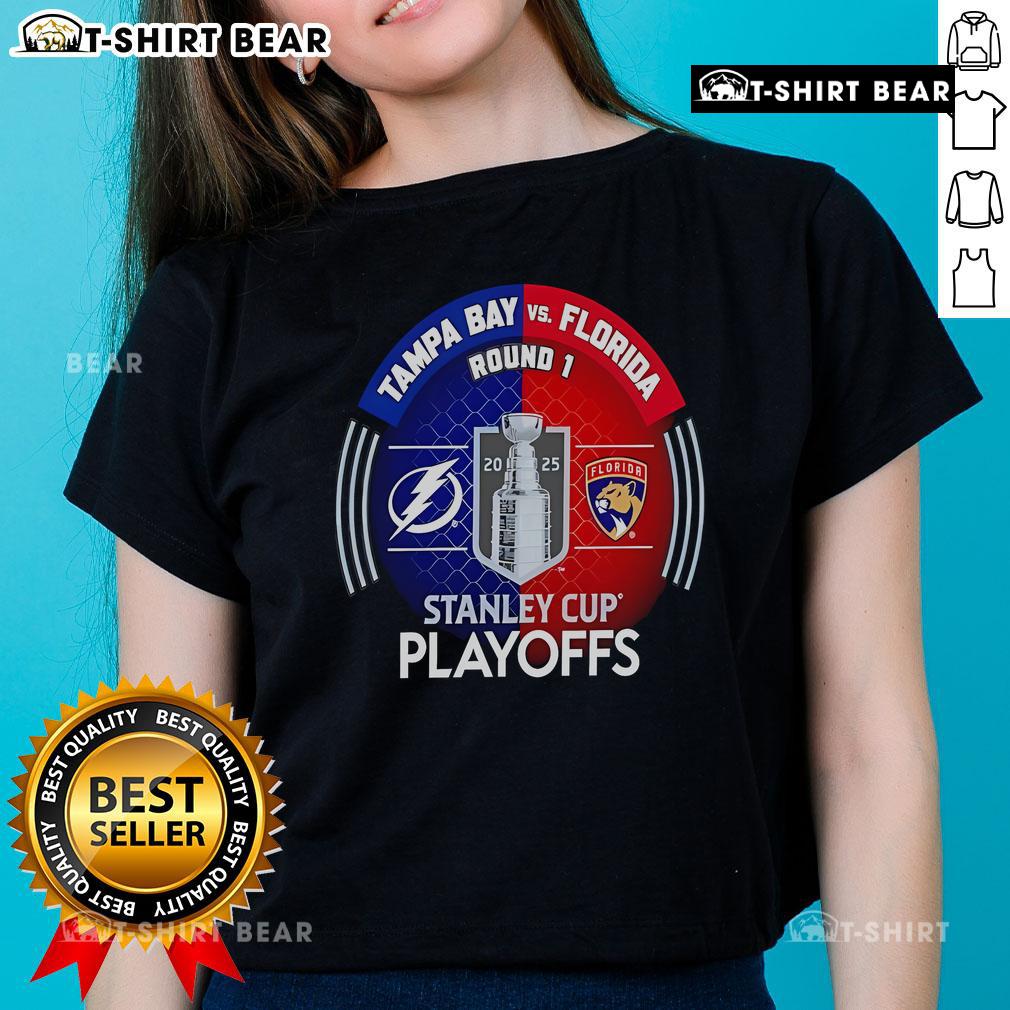Alt Text: 2025 Stanley Cup Playoffs: Tampa Bay Lightning vs Florida Panthers ladies tee featuring a hockey match-up design.