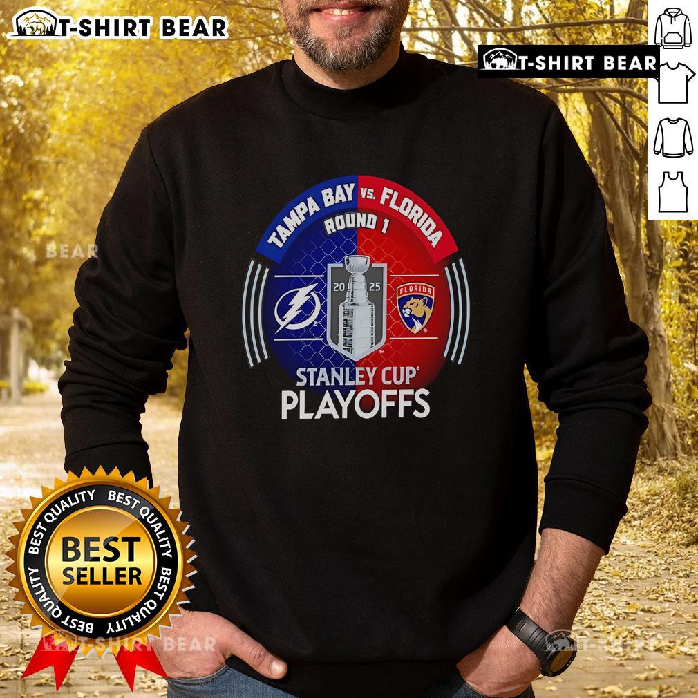 Top Tampa Bay Lightning vs Florida Panthers 2025 Stanley Cup Playoffs sweatshirt featuring team logos and playoff graphics.
