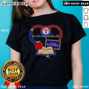 Top Teacher Pencil Apple Heart Texas Rangers Ladies Tee - Stylish shirt celebrating educators and baseball fans.