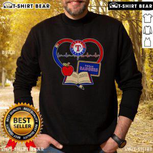 Top Teacher sweatshirt featuring pencil, apple, heart, and Texas Rangers logo, perfect for proud educators and fans.
