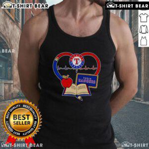 Alt Text: Top Teacher Pencil Apple Heart Texas Rangers Tank Top design showcasing a fun, educational theme for teachers.