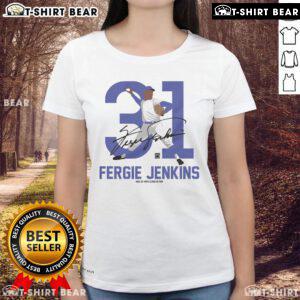 Top Team Brown Fergie Jenkins Baseball Hall of Fame member signature on ladies tee shirt, perfect for baseball fans.