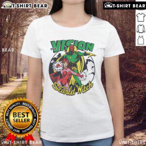 Top The Vision And The Scarlet Witch ladies tee featuring vibrant graphics of iconic Marvel characters.