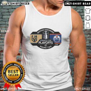 Top Vegas Golden Knights 2025 Stanley Cup Playoffs Round 2 Dueling Pin Tank Top featuring team colors and logo design.