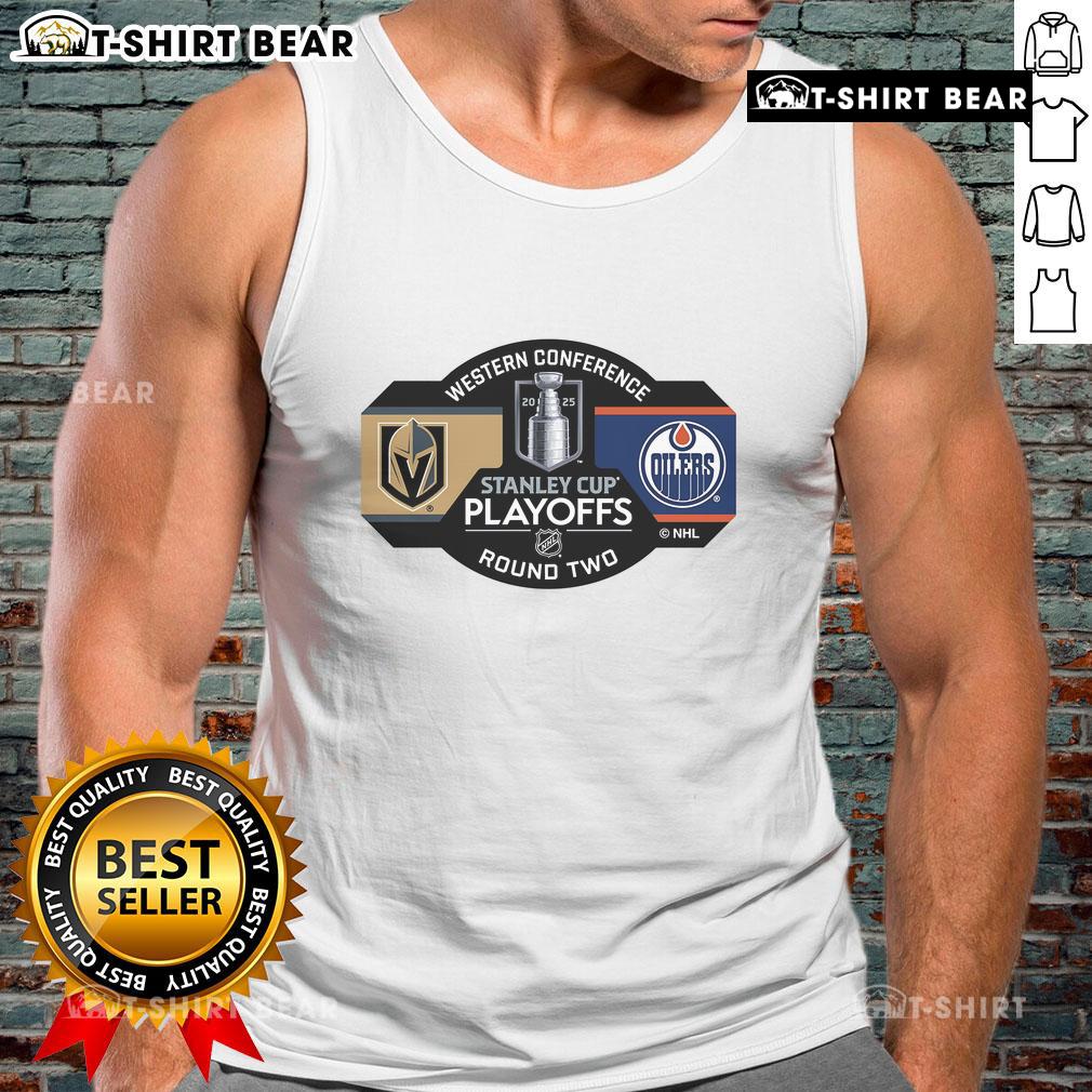 Top Vegas Golden Knights 2025 Stanley Cup Playoffs Round 2 Dueling Pin Tank Top featuring team colors and logo design.
