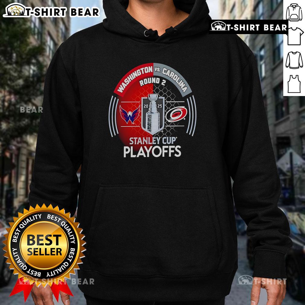 Top Washington Capitals vs Carolina Hurricanes 2025 Stanley Cup Playoffs First Round hoodie featuring team logos.