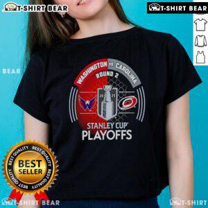 Top Washington Capitals vs Carolina Hurricanes 2025 Stanley Cup Playoffs First Round Ladies Tee showcasing team spirit.