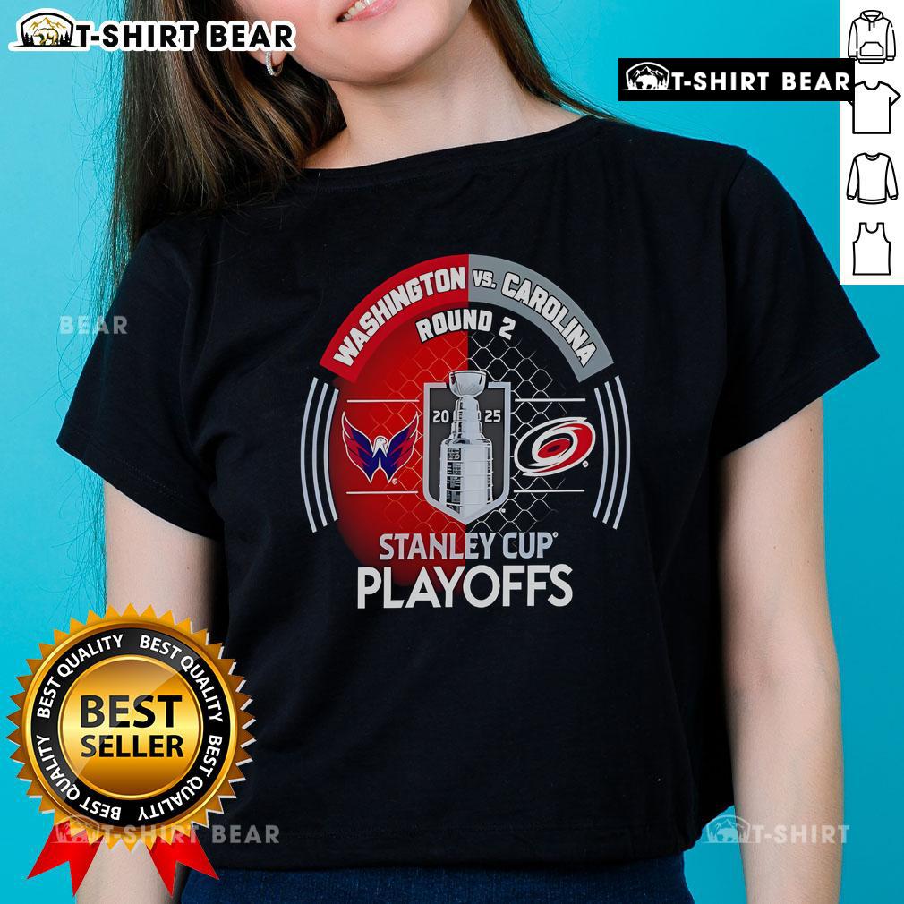 Top Washington Capitals vs Carolina Hurricanes 2025 Stanley Cup Playoffs First Round Ladies Tee showcasing team spirit.