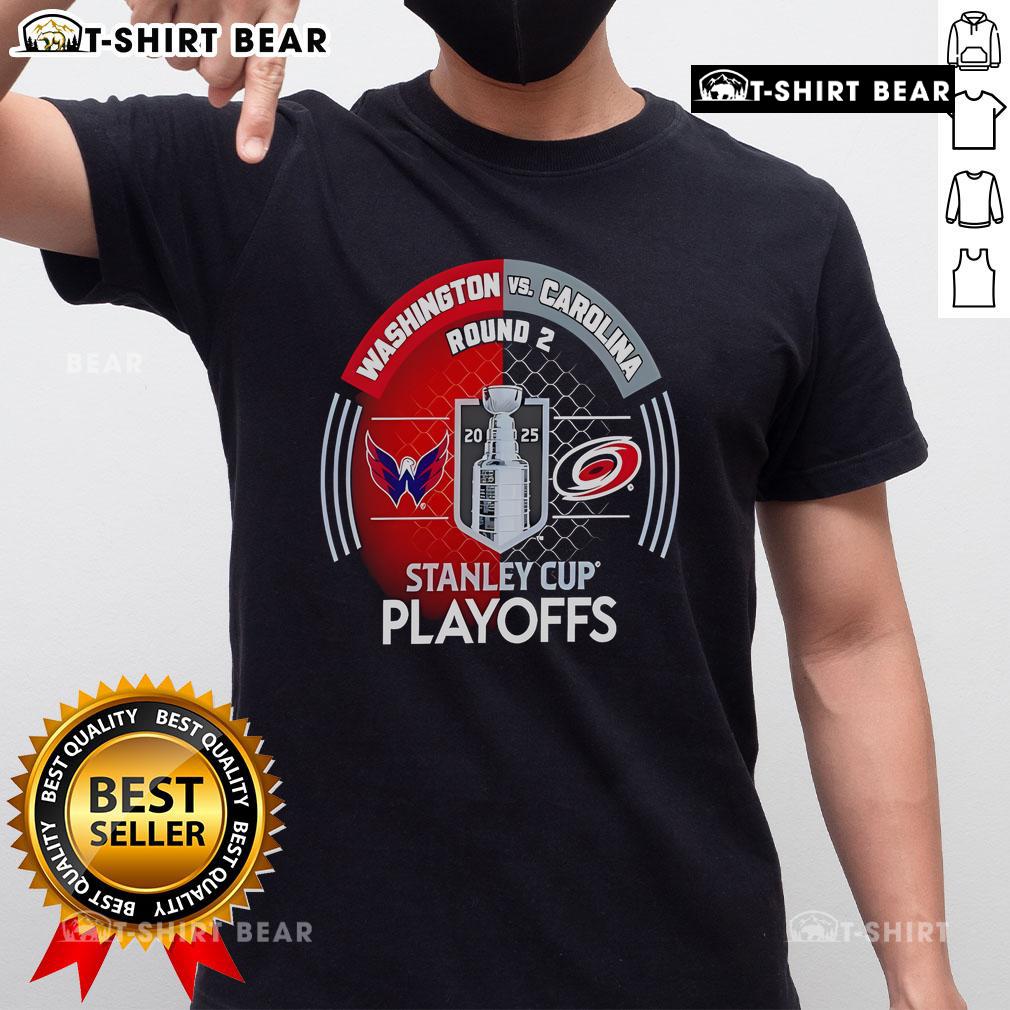 Alt Text: 2025 Stanley Cup Playoffs T-Shirt featuring Washington Capitals vs Carolina Hurricanes design for first-round matchup.