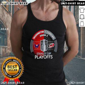 Top Washington Capitals vs Carolina Hurricanes 2025 Stanley Cup Playoffs first round tank top featuring team logos.