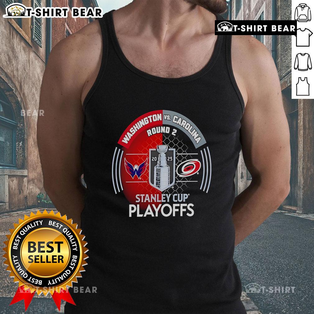 Top Washington Capitals vs Carolina Hurricanes 2025 Stanley Cup Playoffs first round tank top featuring team logos.
