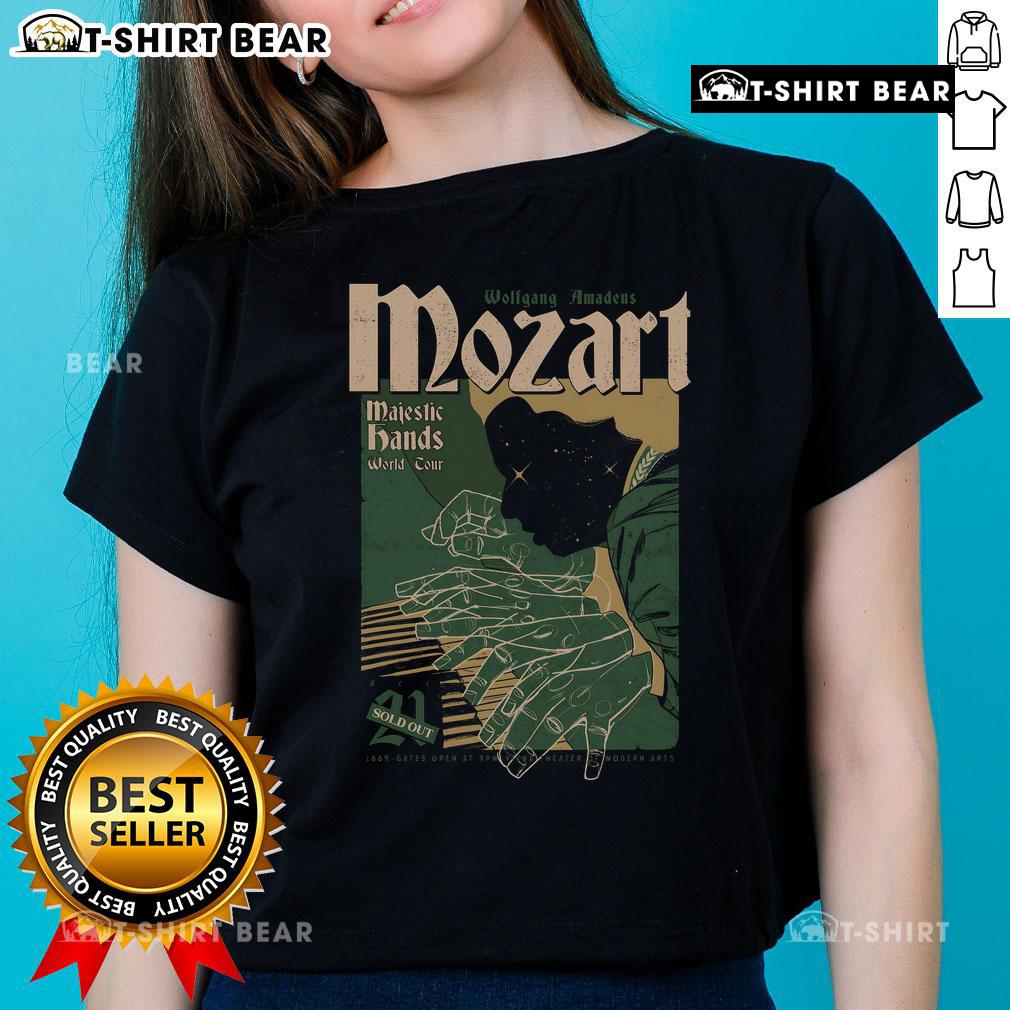 Stylish ladies tee featuring 'Rock Me Amadeus' design, celebrating Wolfgang Amadeus Mozart's iconic music and legacy.