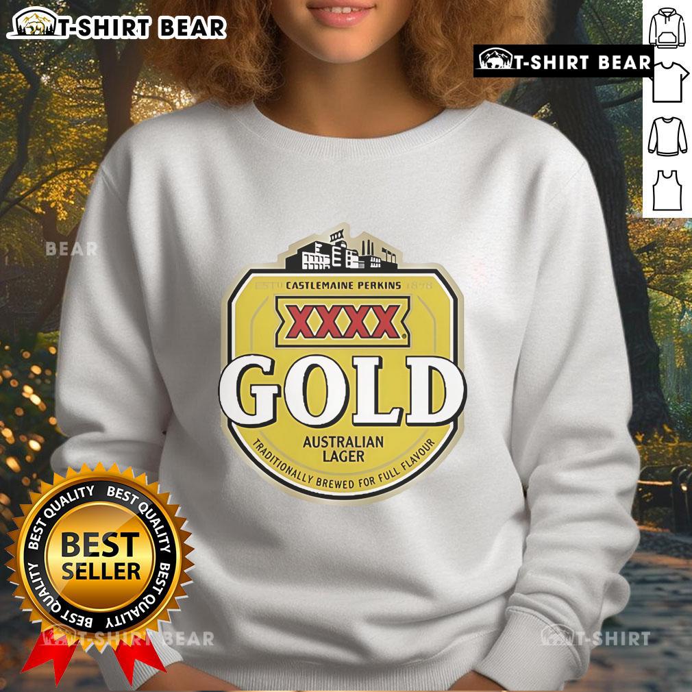 Alt Text: Top XXXX Beer Gold Australian Lager sweatshirt featuring Castlemaine Perkins logo, traditionally brewed for full flavor.