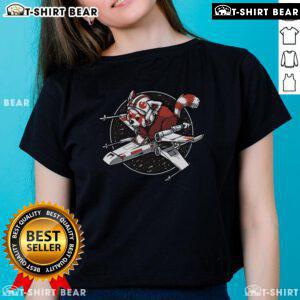 Alt Text: Awesome red panda in Star Wars attire standing by a ladies tee, perfect for fans of cute and sci-fi fashion.