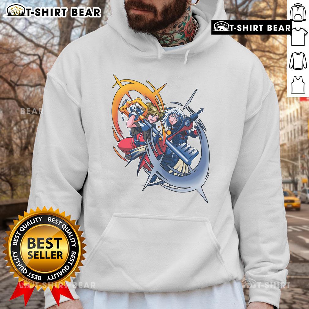 Alt Text: Awesome Sora vs Riku rival battle hoodie featuring Kingdom Hearts Keyblade duel design for fans of the game.