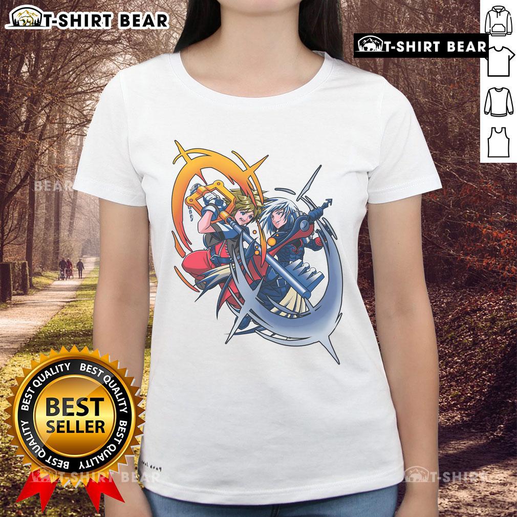 Awesome Sora vs Riku rival battle in Kingdom Hearts featuring a dramatic Keyblade duel on a ladies tee design.