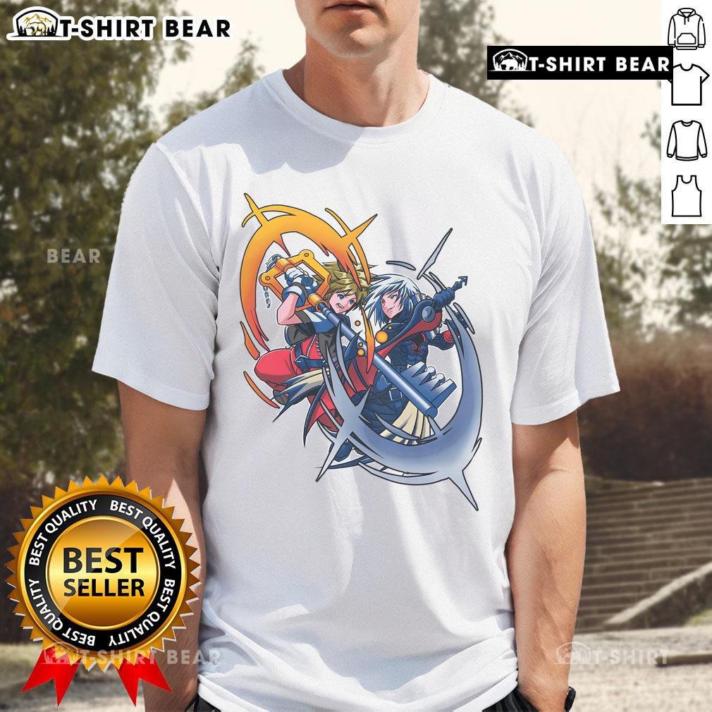Awesome Sora vs Riku rival battle Keyblade duel T-shirt showcasing epic Kingdom Hearts design, perfect for fans.