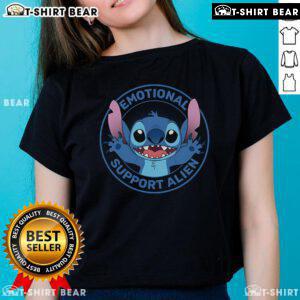 Awesome Stitch Emotional Support Alien Ladies Tee featuring a colorful alien design on a stylish women's t-shirt.