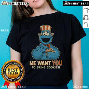 Adorable Cookie Monster graphic tee urging you to bring cookies, perfect for cookie lovers and fans of cute designs.