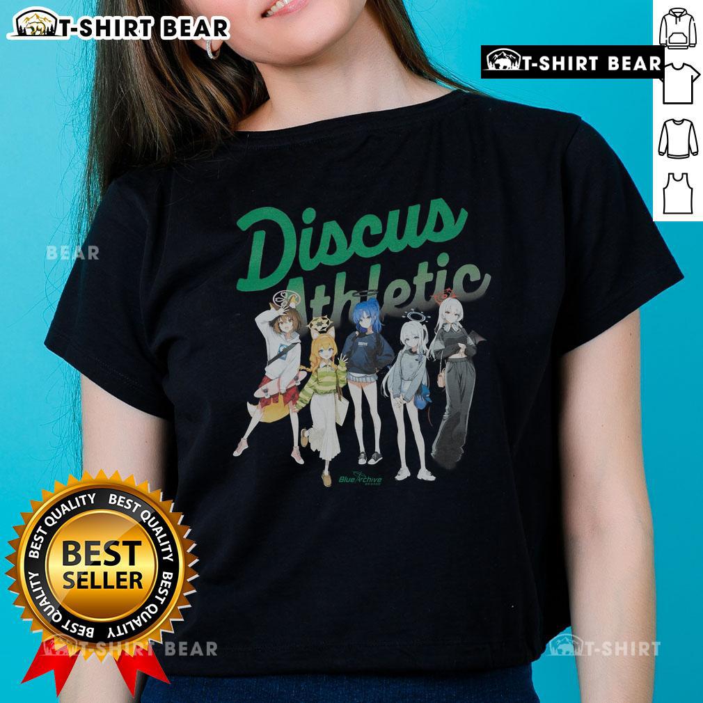 Cute and funny blue Archive discus graphic on an athletic ladies tee, perfect for casual and sporty outfits.