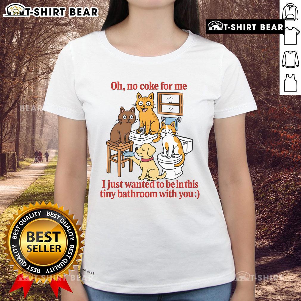 Alt Text: Cute 'Oh No Coke For Me' tee in tiny bathroom with friends, showcasing fun and friendship in stylish apparel.