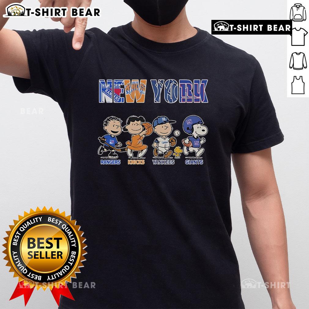 Alt Text: Cute Peanuts New York Rangers Knicks Yankees Giants T-Shirt featuring beloved characters in team colors.