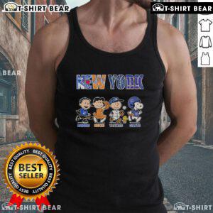 Cute Peanuts tank top featuring New York Rangers, Knicks, Yankees, and Giants logos for sports fans.