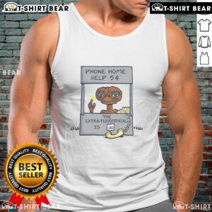Funny E.T. Phone Home help booth parody cartoon on a tank top, featuring an alien offering help for 5 cents.