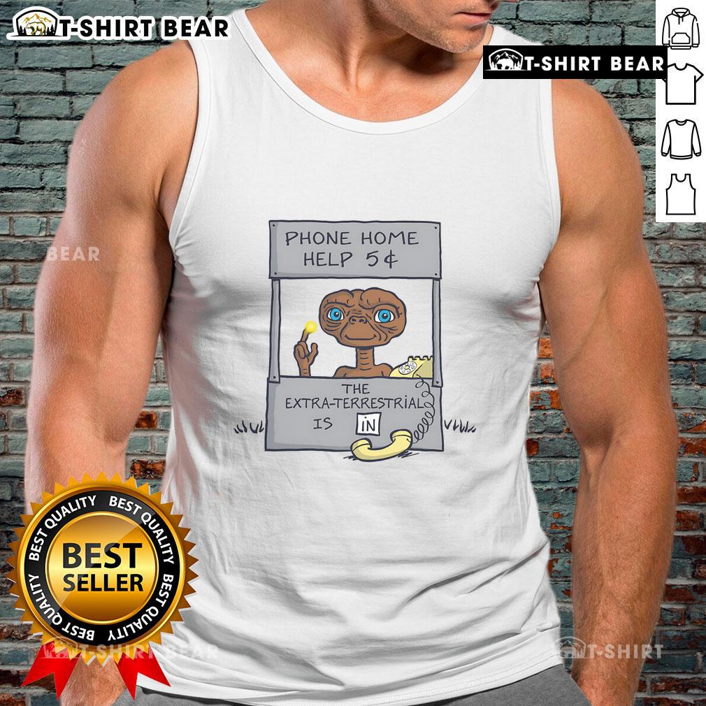 Funny E.T. Phone Home help booth parody cartoon on a tank top, featuring an alien offering help for 5 cents.