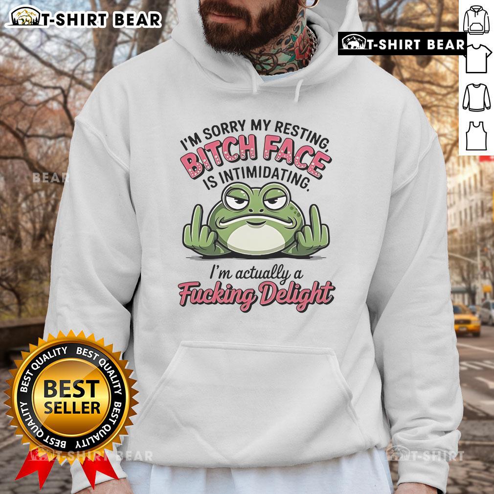 Funny frog hoodie with 'My Resting Bitch Face is Intimidating' design, perfect for humor and comfort lovers.