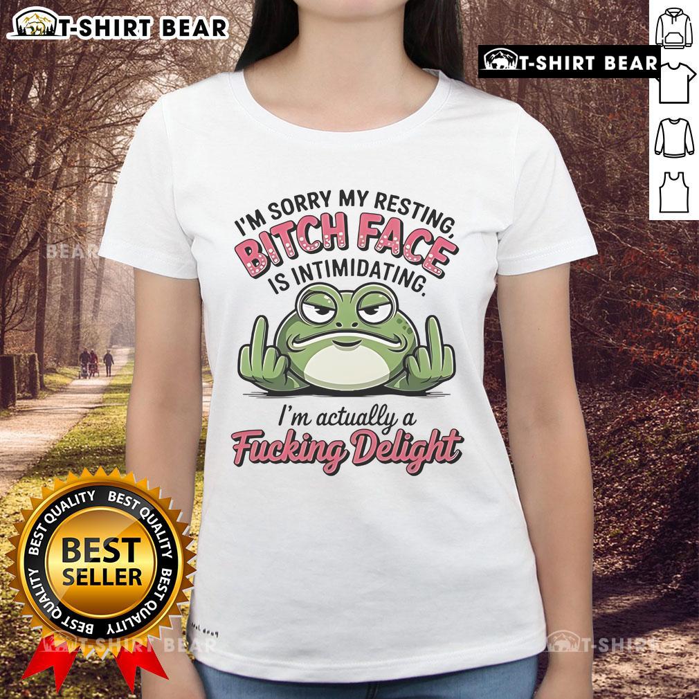 Funny frog graphic on a ladies tee with text 'I'm Sorry My Resting Bitch Face Is Intimidating' for humor lovers.