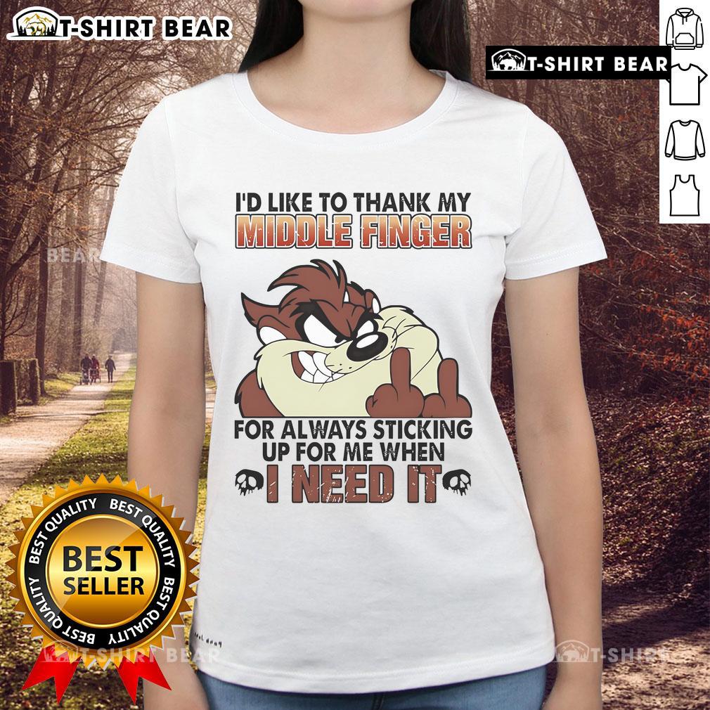 Funny Tasmanian tee featuring 'I'd like to thank my middle finger' design, perfect for humor-loving ladies.