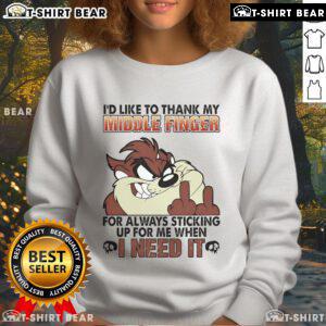 Alt Text: Funny Tasmanian sweatshirt featuring 'I'd Like to Thank My Middle Finger' graphic, perfect for casual wear.