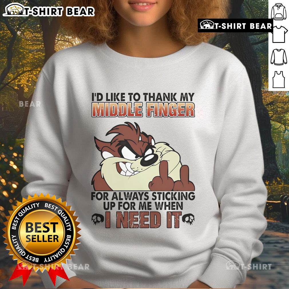 Alt Text: Funny Tasmanian sweatshirt featuring 'I'd Like to Thank My Middle Finger' graphic, perfect for casual wear.