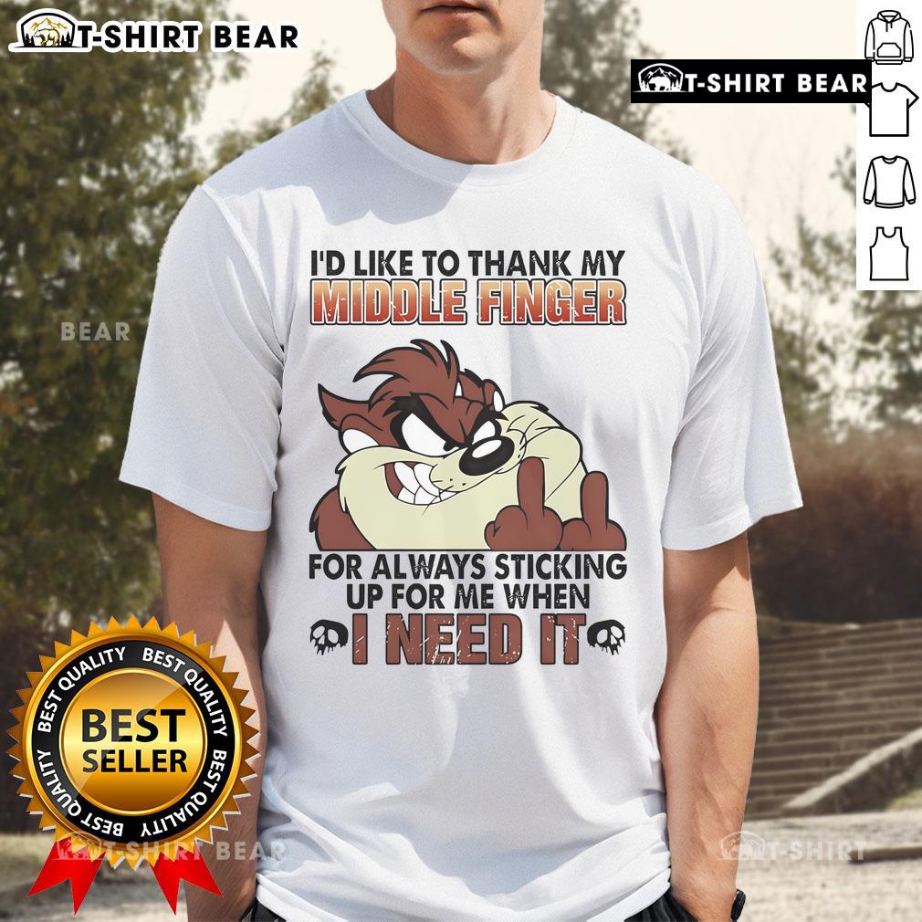 Alt Text: Funny Tasmanian I'd Like To Thank My Middle Finger T-Shirt featuring a humorous design for casual wear.